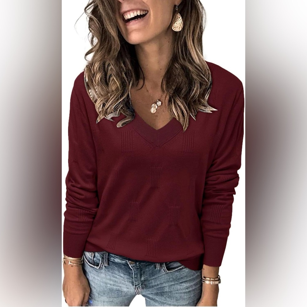 Arach & Cloz Burgundy Soft V-Neck Sweater Long Sleeve Casual Top Small